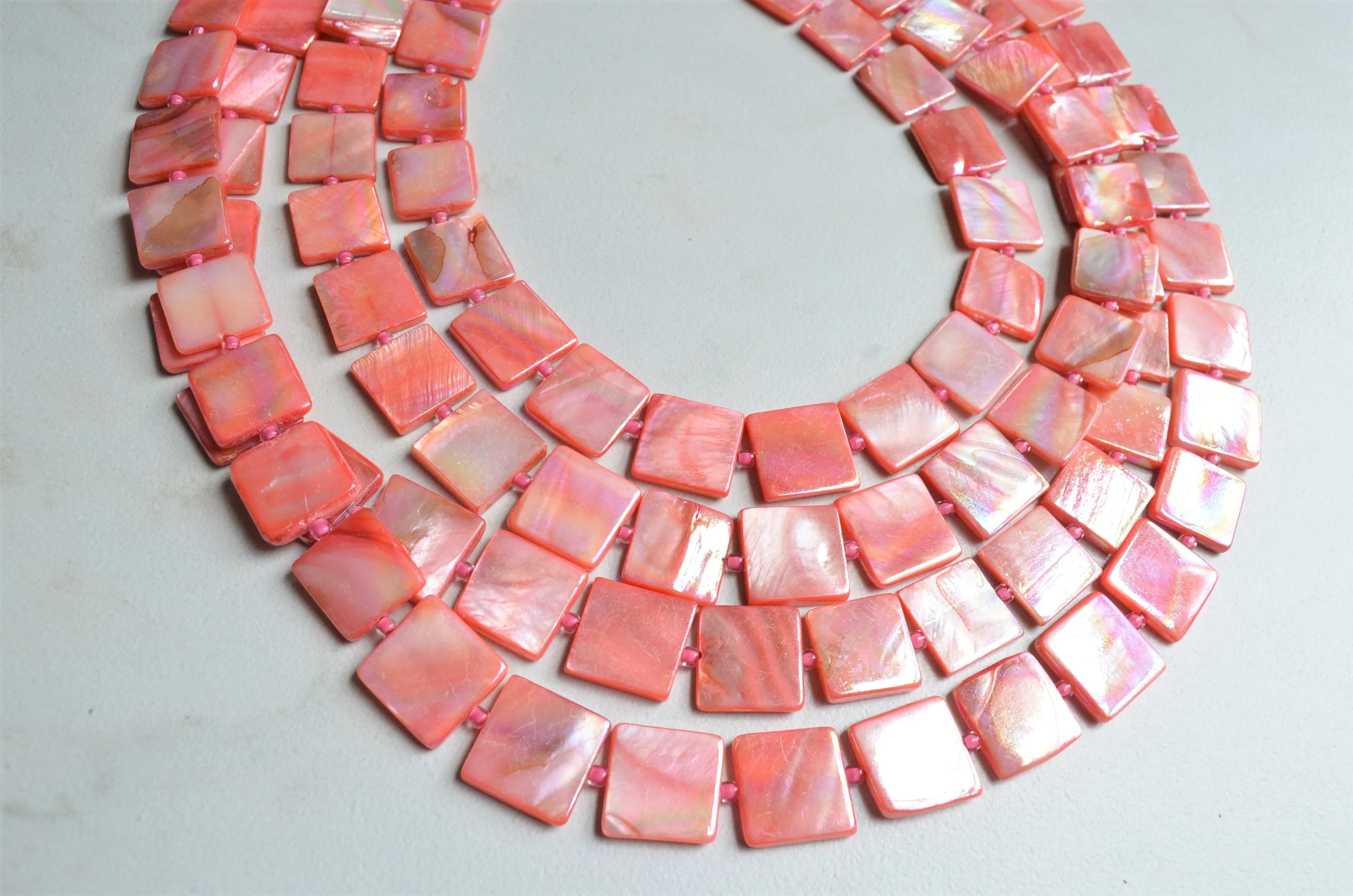 Coral Pink Mother of Pearl Shell Beaded Multi Strand Statement Necklace - Tegan