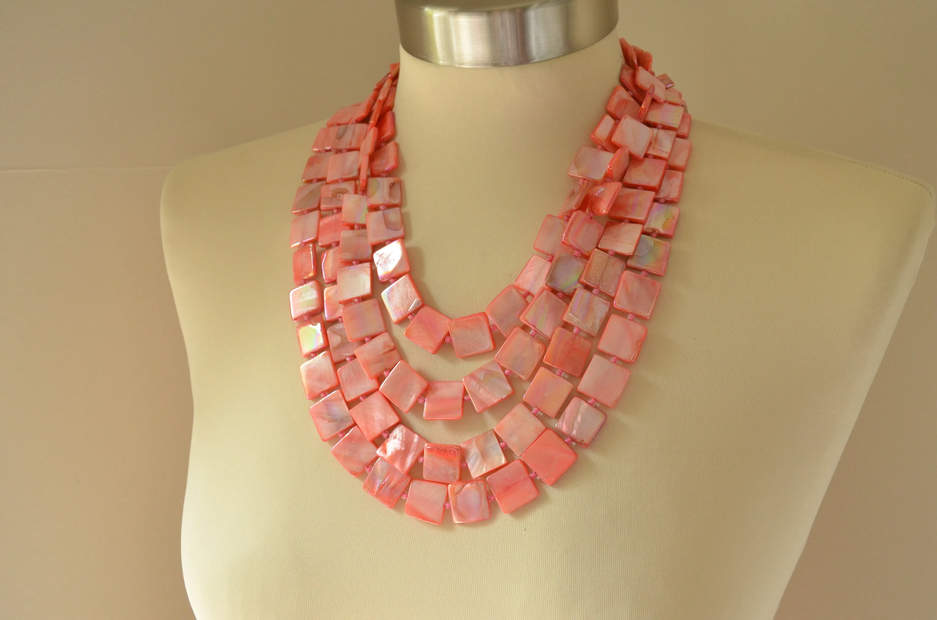 Coral Pink Mother of Pearl Shell Beaded Multi Strand Statement Necklace - Tegan