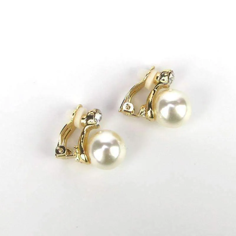 Crystal Accented Pearl Bead Clip-On Earrings In Yellow or White Gold