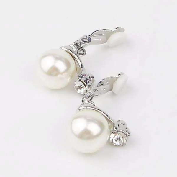 Crystal Accented Pearl Bead Clip-On Earrings In Yellow or White Gold