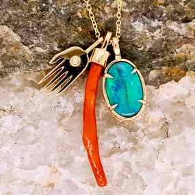 Custom Talisman Necklace - Yellow Gold, Coral & Opal Claw Prong Charm