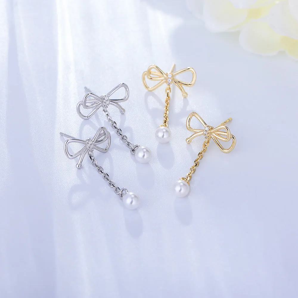 Dainty Tassel Bow Pearl Earrings