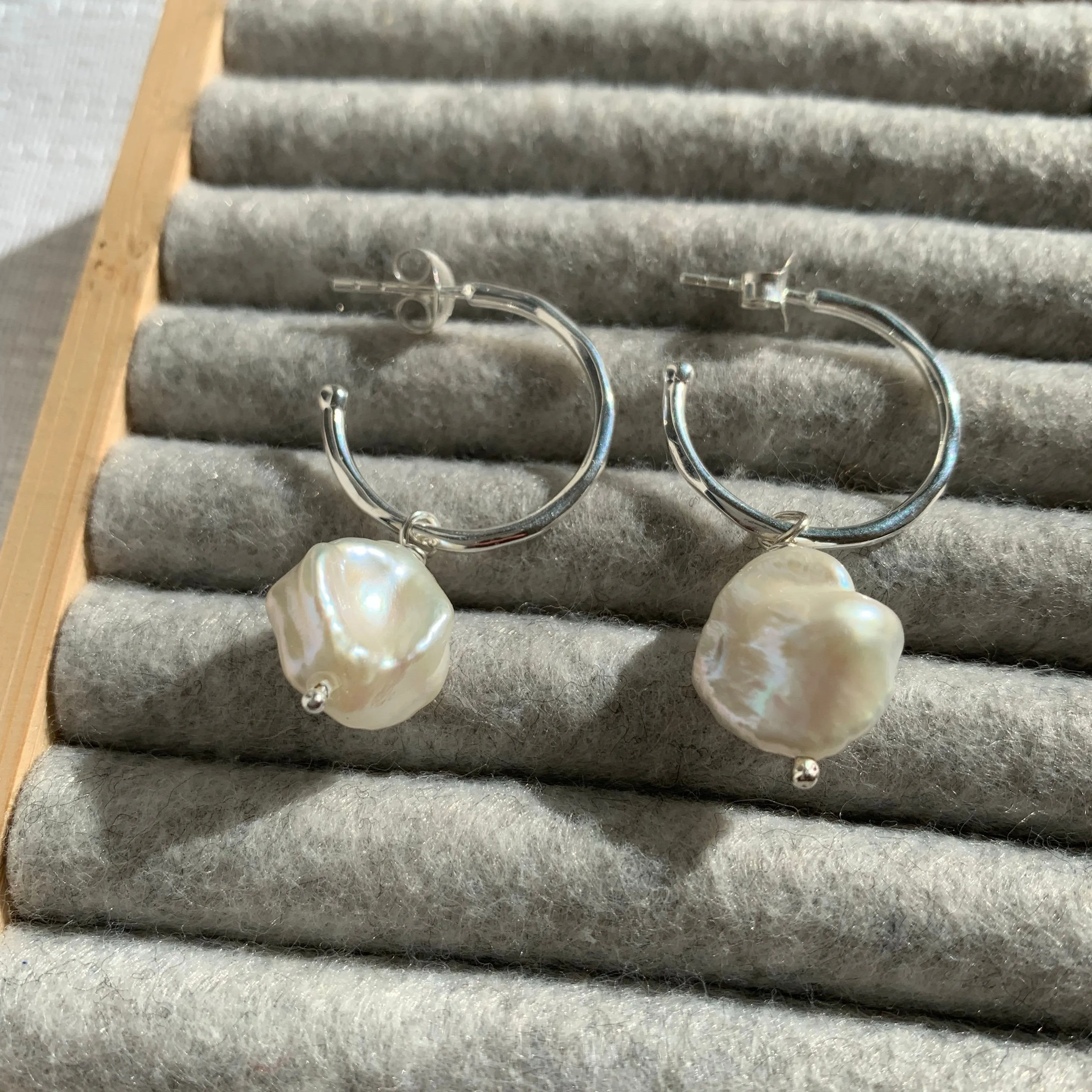 Decus Large Silver Hoop Earrings with Baroque Cultured Freshwater Pearl Drops