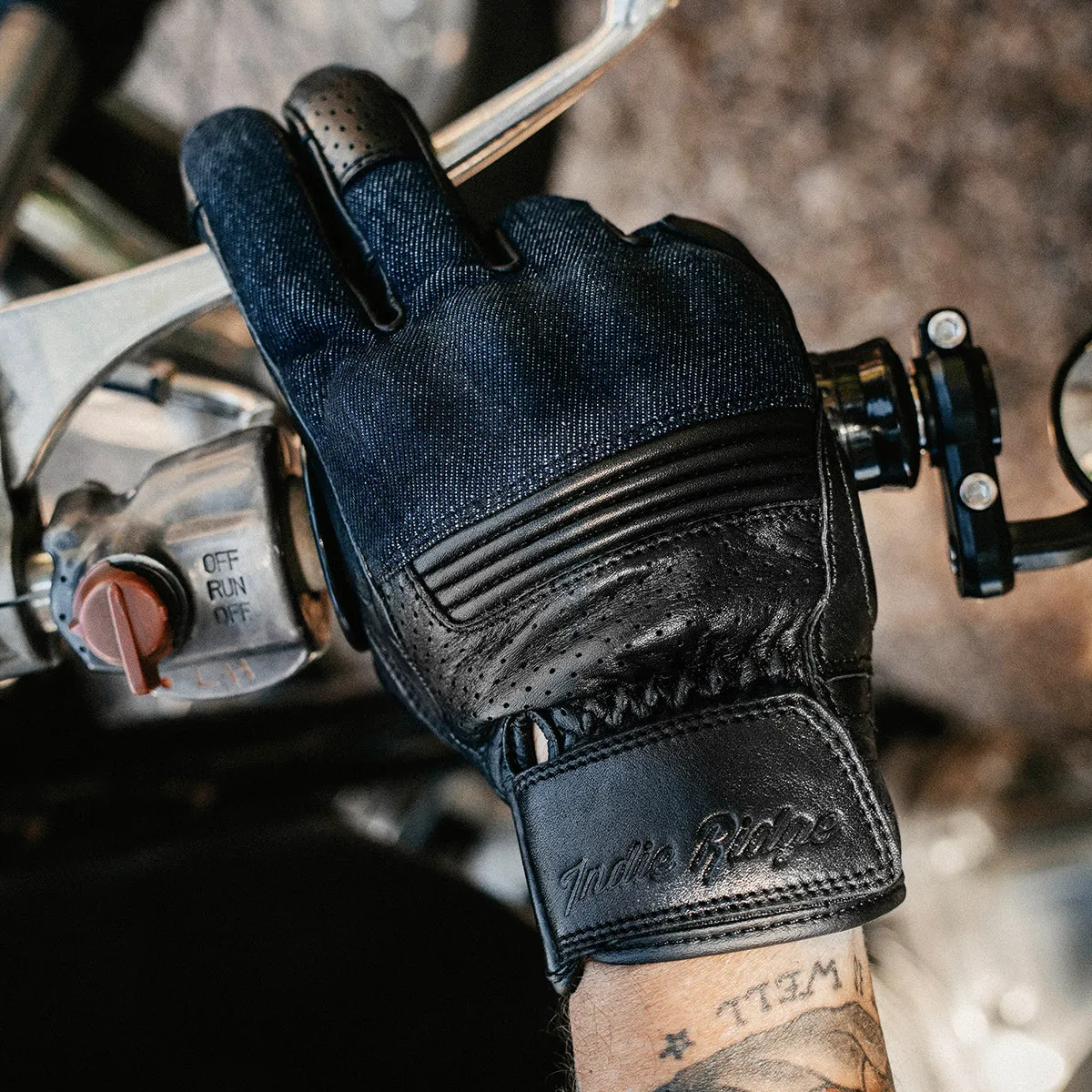 Denim On Black Motorcycle Gloves