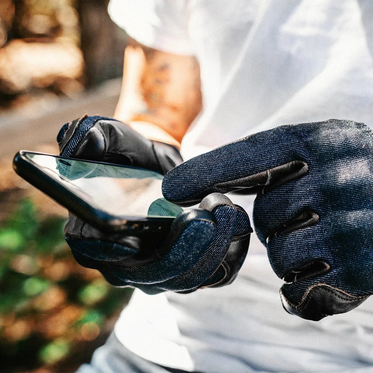 Denim On Black Motorcycle Gloves