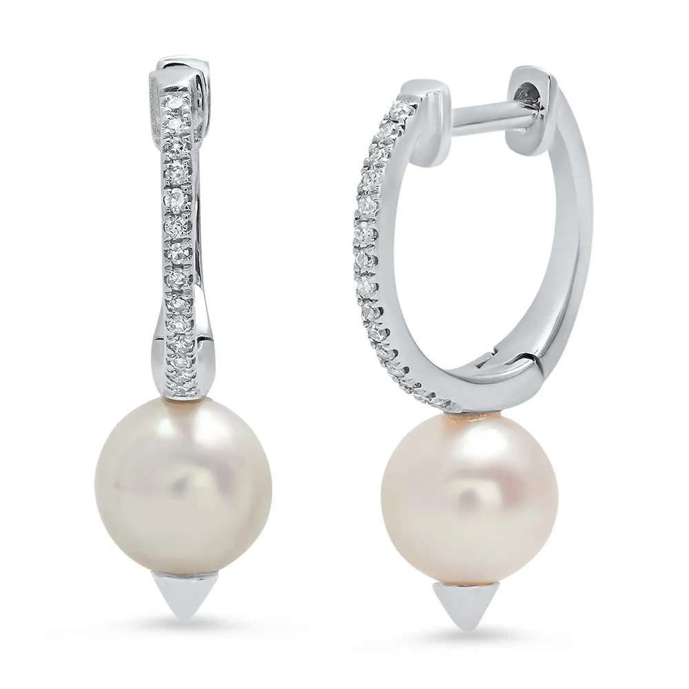 Diamond and Pearl Spike Huggie Hoop Earrings