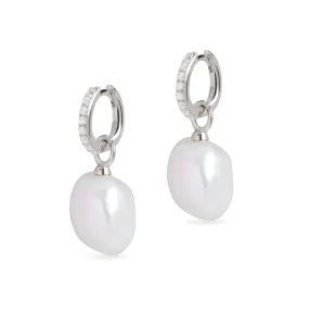 Diamond Crystal Huggie and Baroque Pearl Charm Silver Earring Set