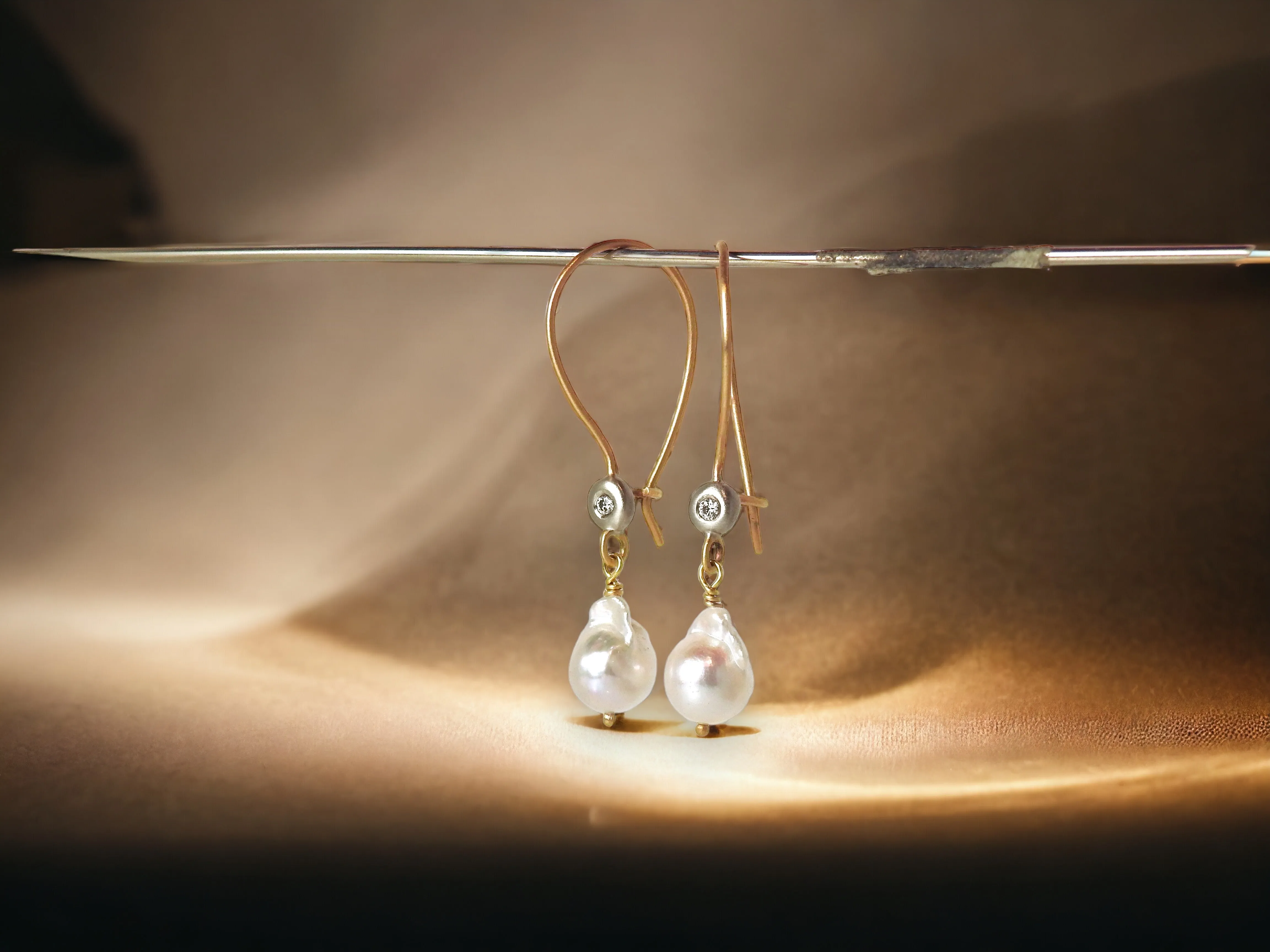 Diamond in the rough hoops with baroque pearl dangles