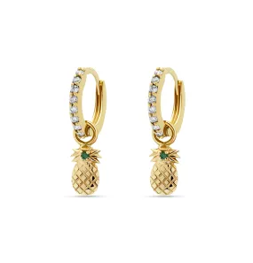 Diamond Pineapple Huggies - 14 karat gold huggie earrings, diamonds 0.22 ct, emerald 0.03 ct