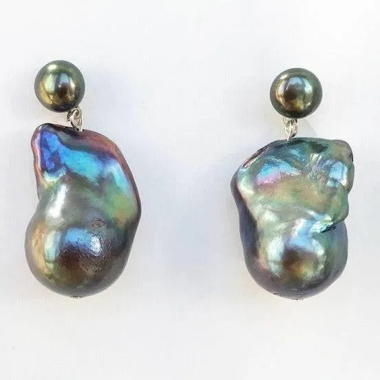 Dual-Tone Baroque Pearl Drop Earrings with Stud Top