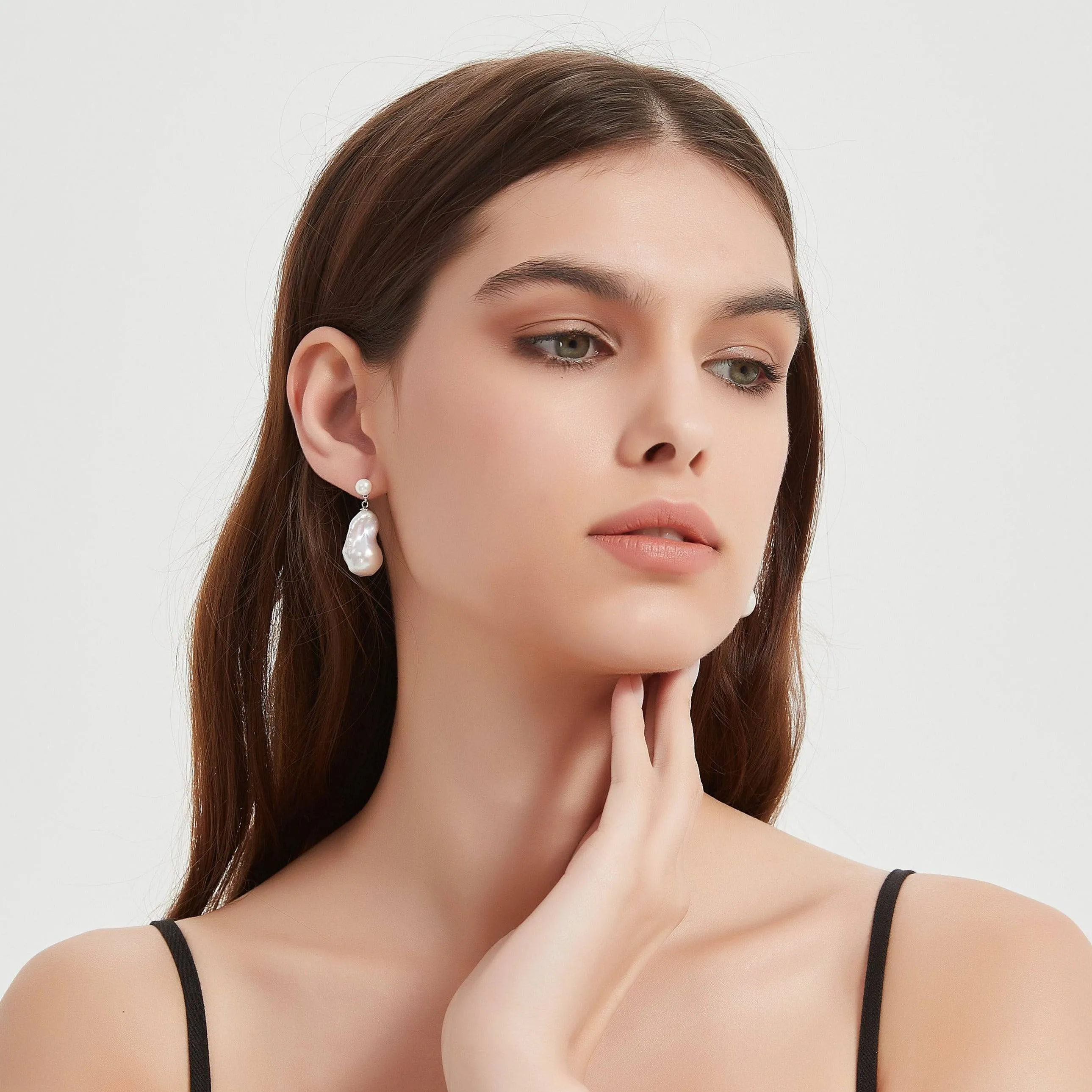 Dual-Tone Baroque Pearl Drop Earrings with Stud Top