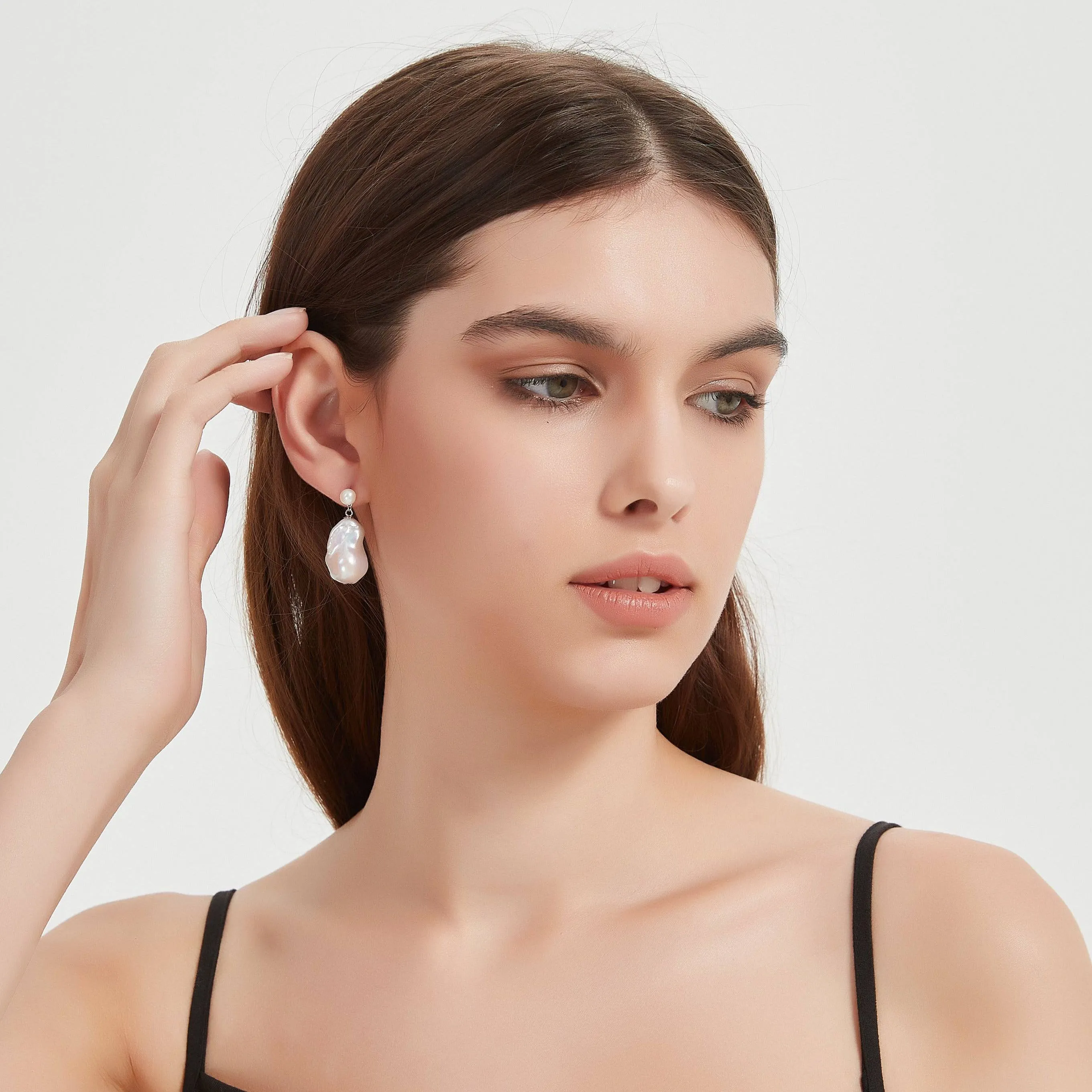 Dual-Tone Baroque Pearl Drop Earrings with Stud Top