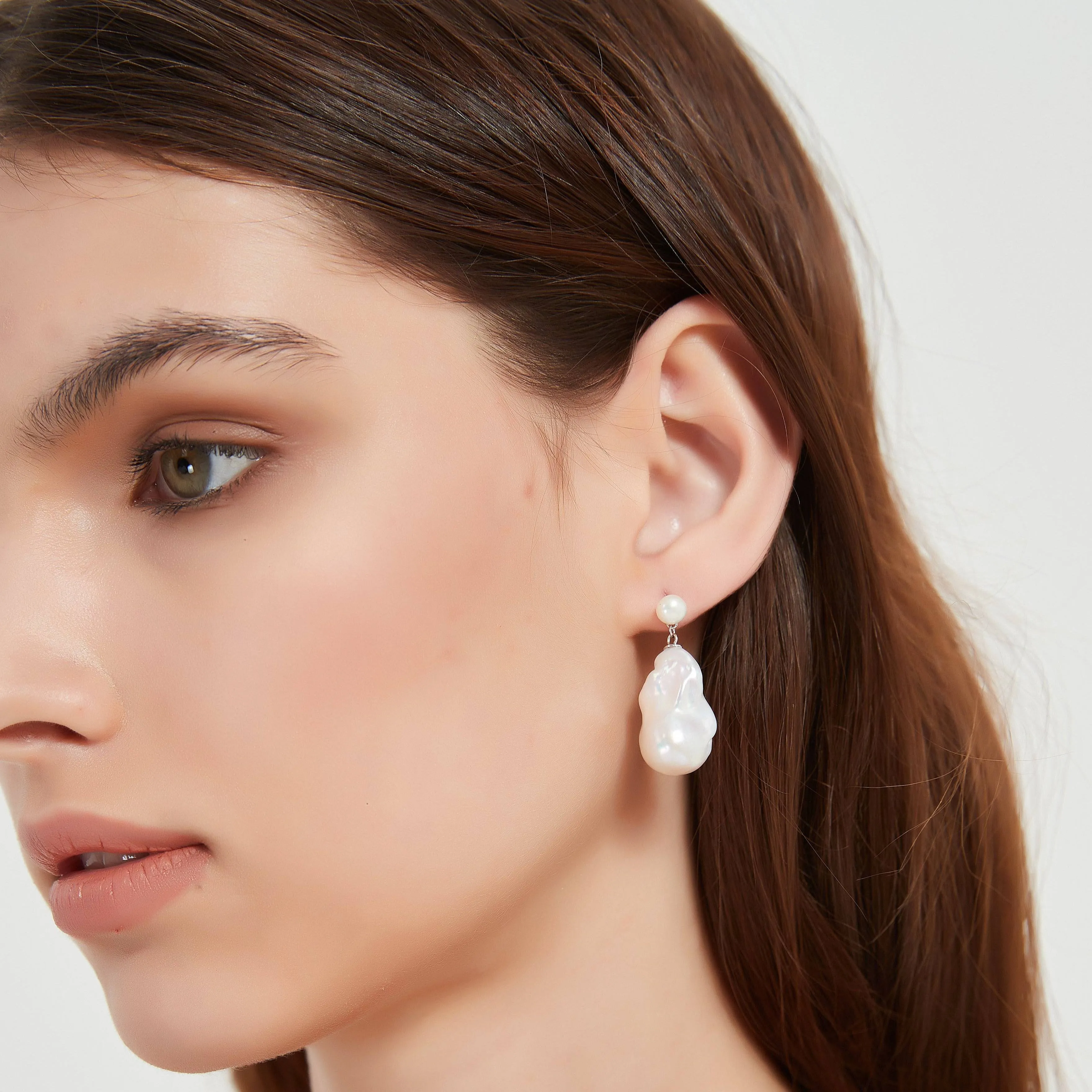 Dual-Tone Baroque Pearl Drop Earrings with Stud Top