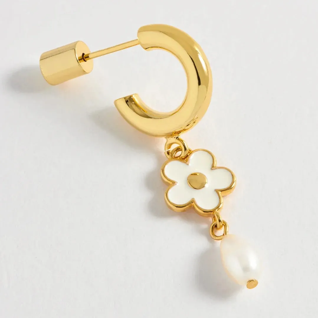 Enamel Flower Pearl Hoops - Gold