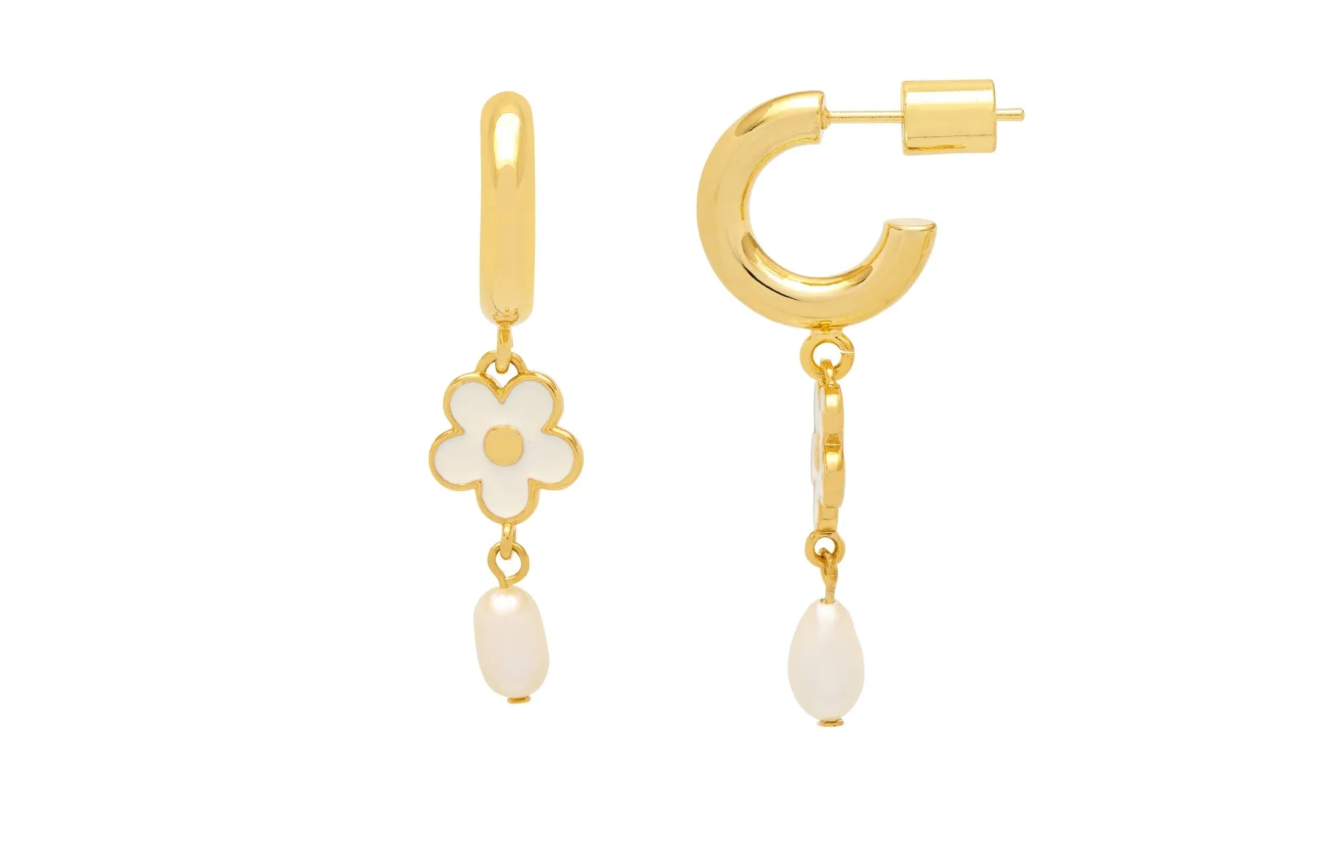 Enamel Flower Pearl Hoops - Gold