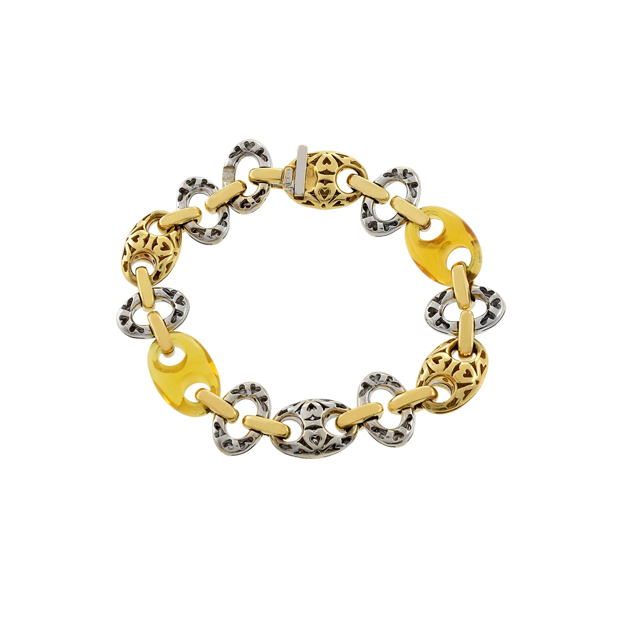 Estate 18KT Two Tone Gold Amber And Diamond Link Bracelet