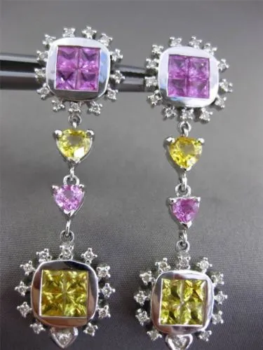 ESTATE LONG 8.42CT AAA MULTI SAPPHIRE 18KT WHITE GOLD HEART HANGING EARRINGS