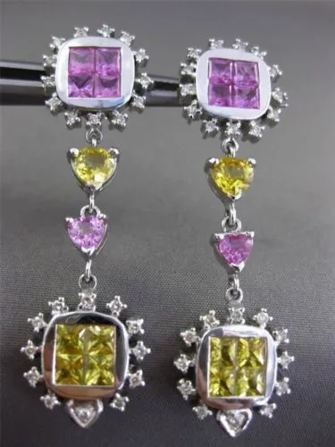 ESTATE LONG 8.42CT AAA MULTI SAPPHIRE 18KT WHITE GOLD HEART HANGING EARRINGS