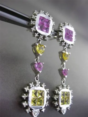 ESTATE LONG 8.42CT AAA MULTI SAPPHIRE 18KT WHITE GOLD HEART HANGING EARRINGS