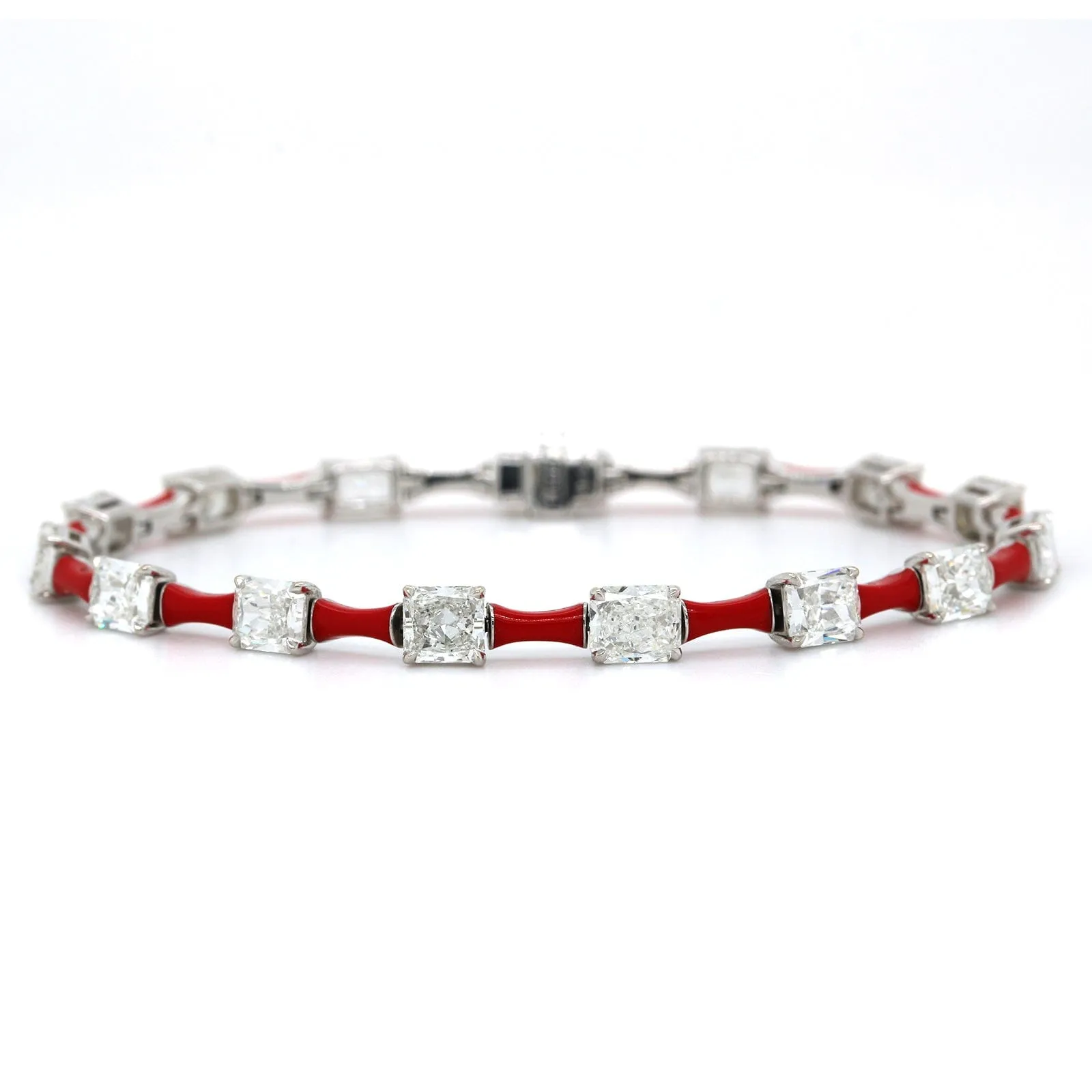 Etho Maria 18K White Gold Alternating Emerald Cut Diamond Red Ceramic Bracelet