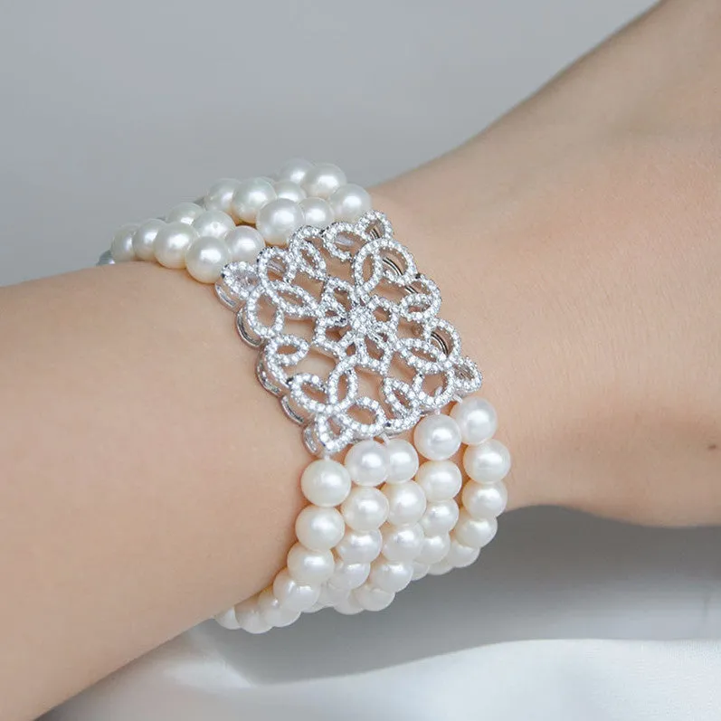 Exquisite Five Rows Freshwater Pearls CZ Micro Pave Wedding Bracelet, Natural Pearl Bracelet