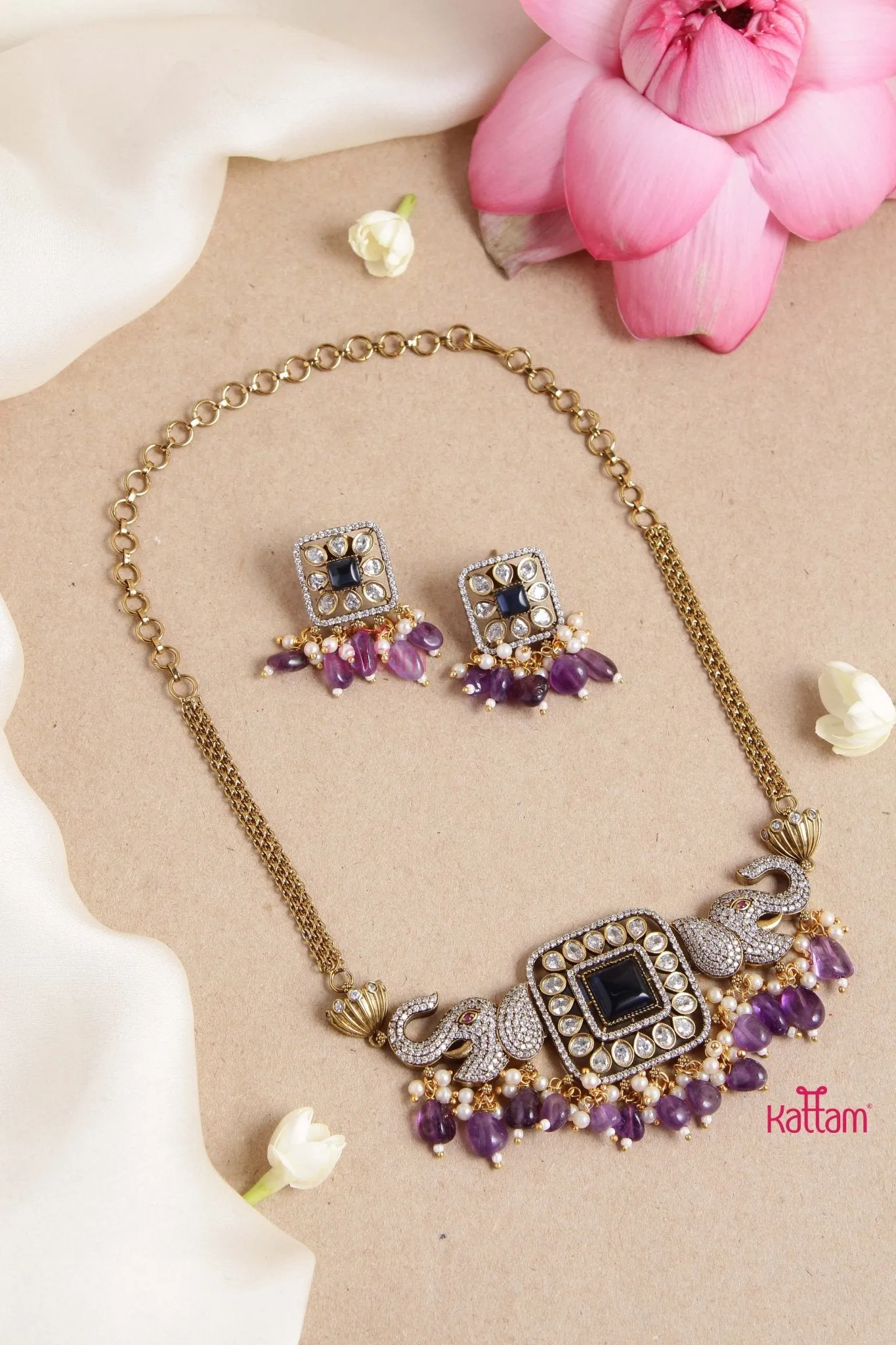 Ezhil Victorian Diamond Elephant Violet Choker