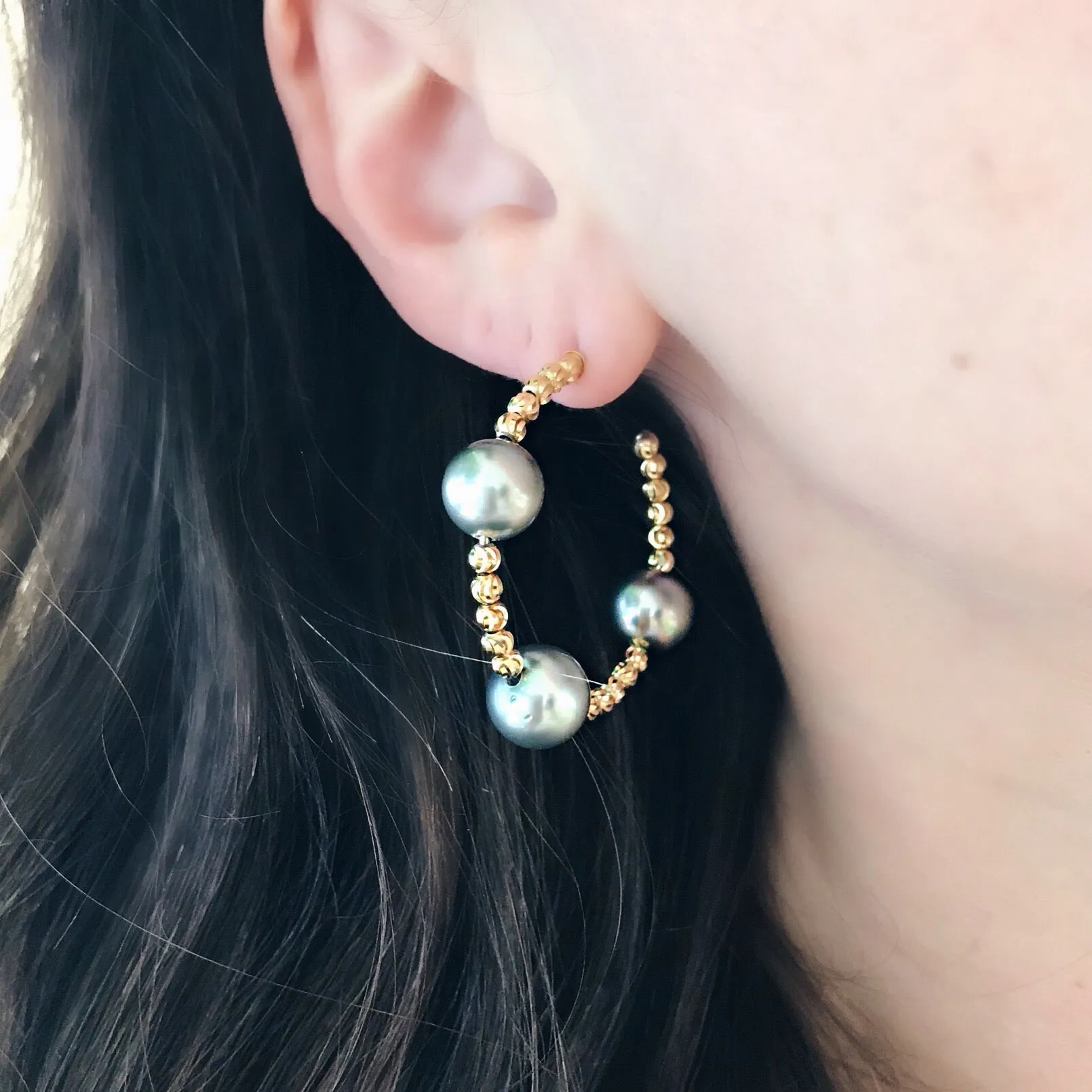 Faceted Gold Ball with Tahitian Pearls Hoops