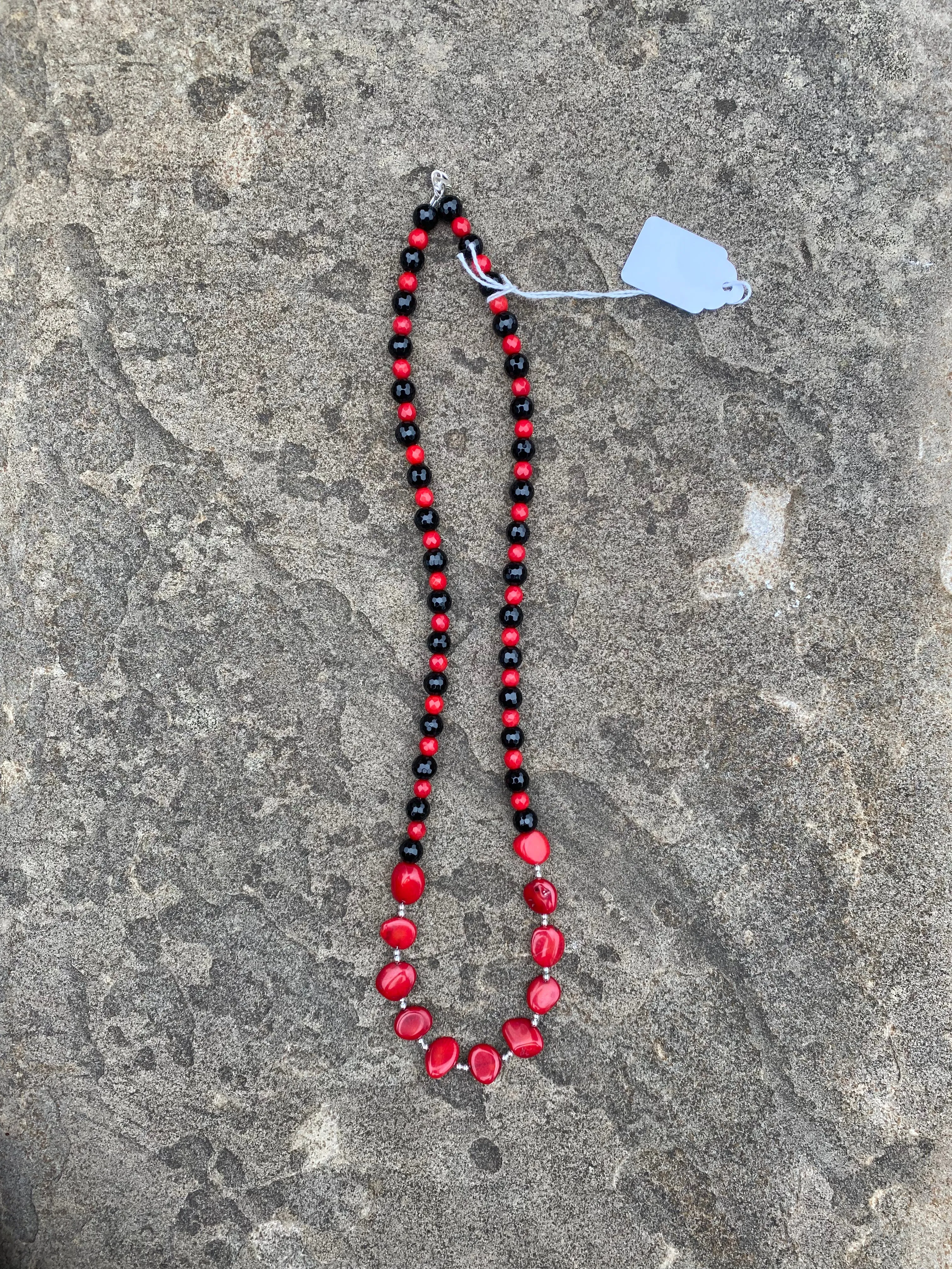 Faceted Red Coral & Onyx with Red Coral disks in center - Made by Carmen Tiger