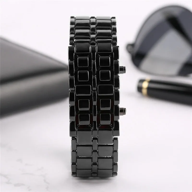 Fashion Black Full Metal Digital Lava Wrist Watch Men Red/Blue LED Display Men's Watches Gifts for Male Boy Sport Creative Clock