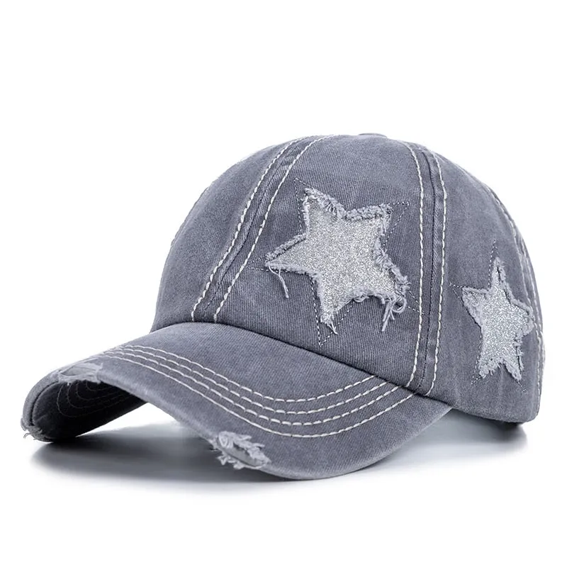 Fashion Women Ponytail Cap Sequins 5-Point Star Hole Design Baseball Cap Female Washed Cotton Streetwear Hats