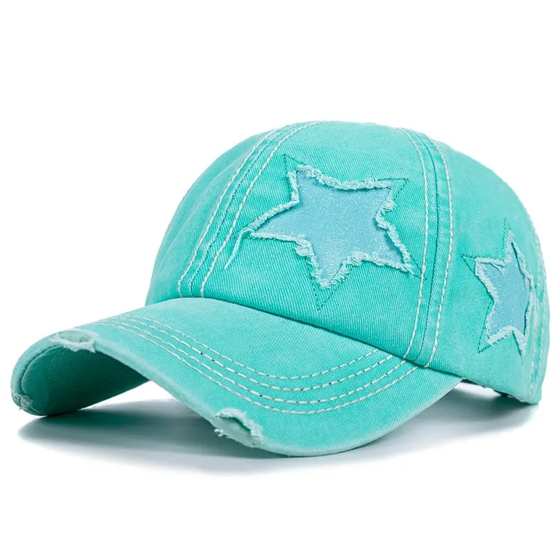 Fashion Women Ponytail Cap Sequins 5-Point Star Hole Design Baseball Cap Female Washed Cotton Streetwear Hats