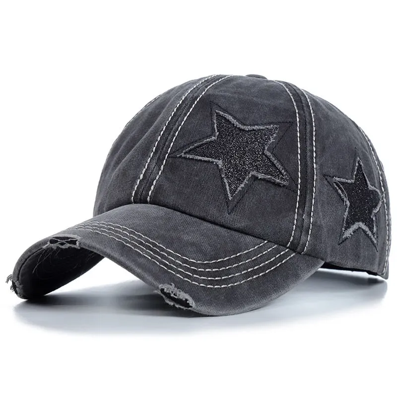 Fashion Women Ponytail Cap Sequins 5-Point Star Hole Design Baseball Cap Female Washed Cotton Streetwear Hats