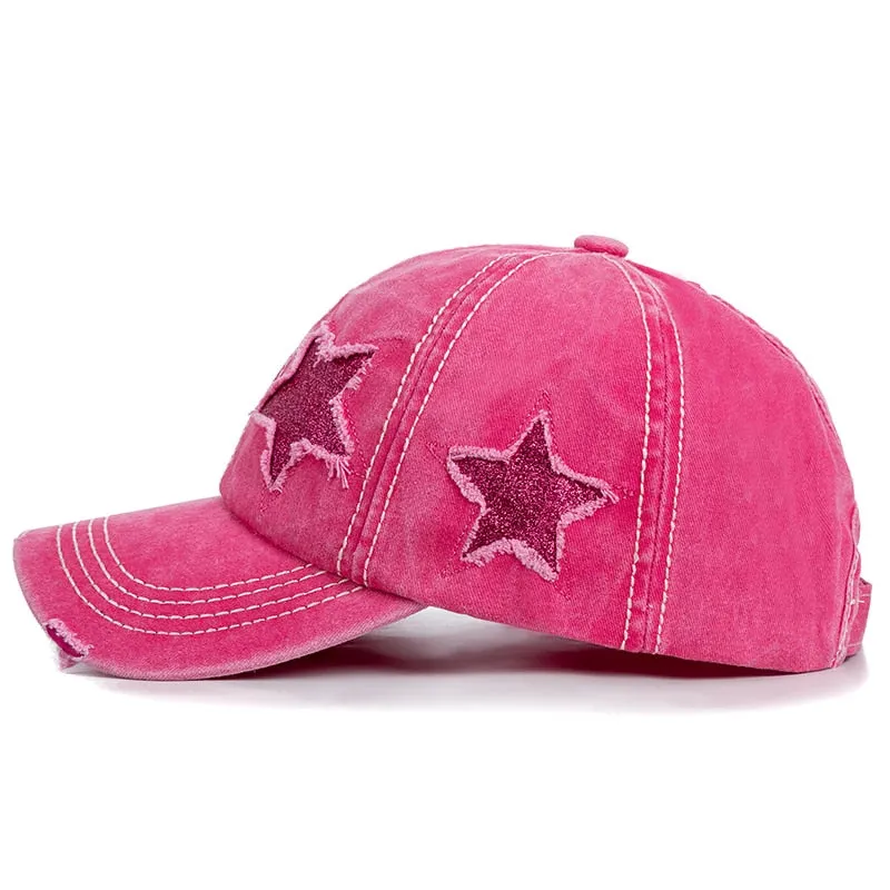 Fashion Women Ponytail Cap Sequins 5-Point Star Hole Design Baseball Cap Female Washed Cotton Streetwear Hats