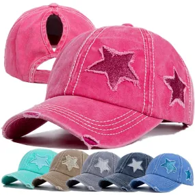 Fashion Women Ponytail Cap Sequins 5-Point Star Hole Design Baseball Cap Female Washed Cotton Streetwear Hats