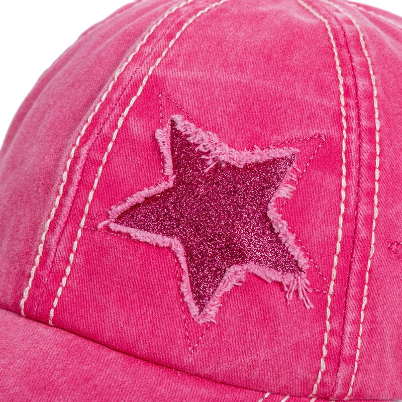 Fashion Women Ponytail Cap Sequins 5-Point Star Hole Design Baseball Cap Female Washed Cotton Streetwear Hats