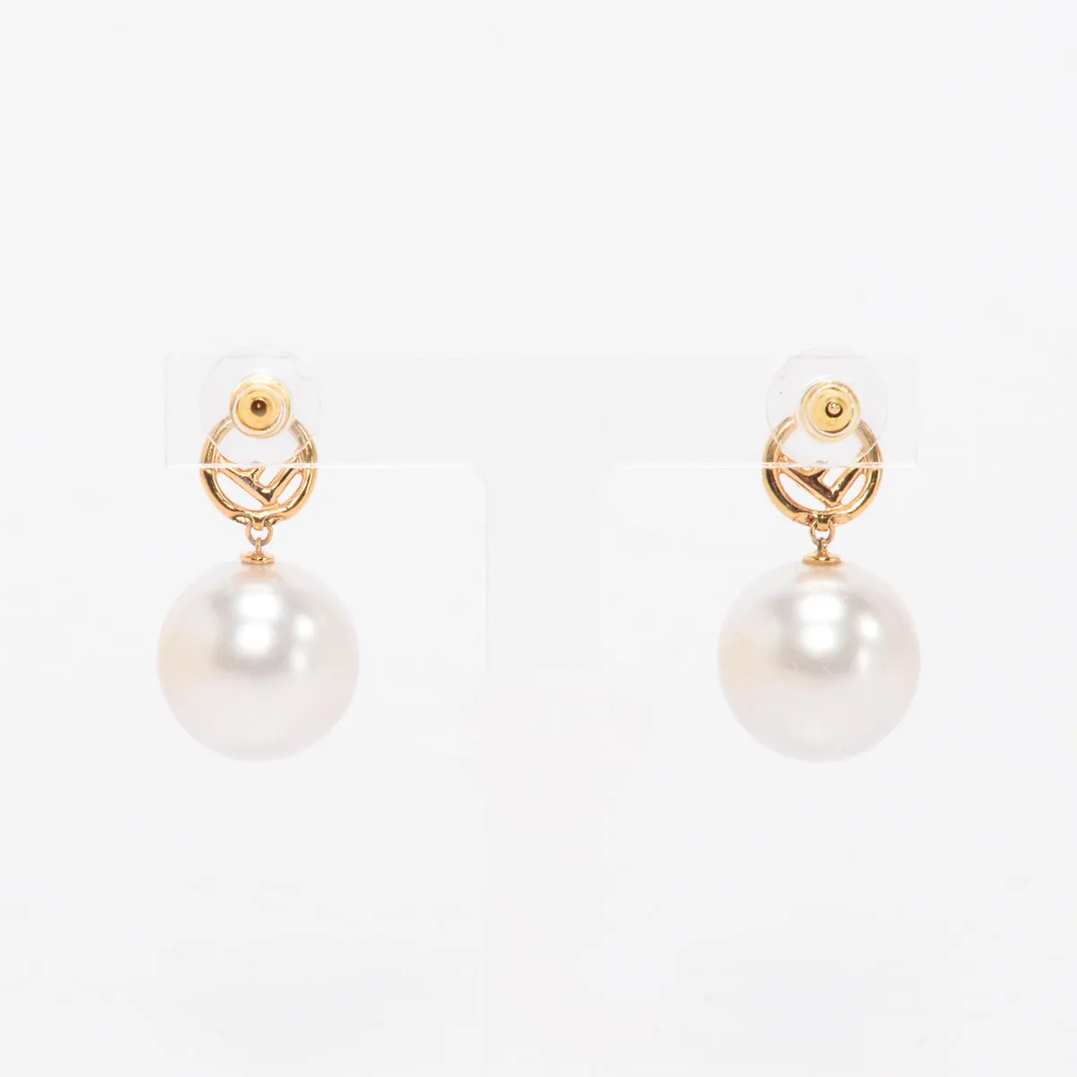 Fendi Gold Tone Crystal & Pearl F is Fendi Drop Earrings