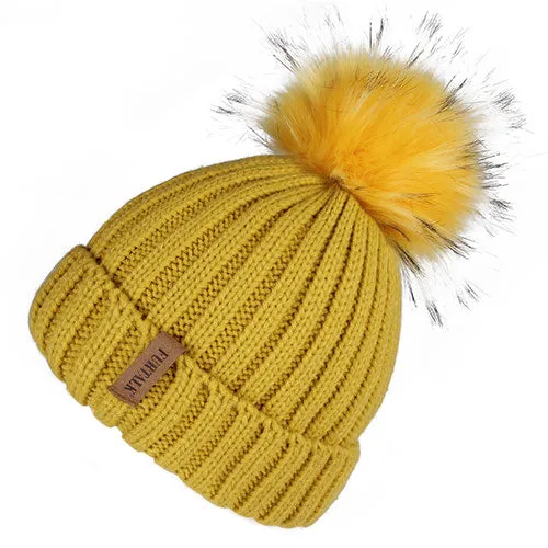 Fleece Lined Soft Pom Pom Fur Casual Warm Knitted Winter Beanie