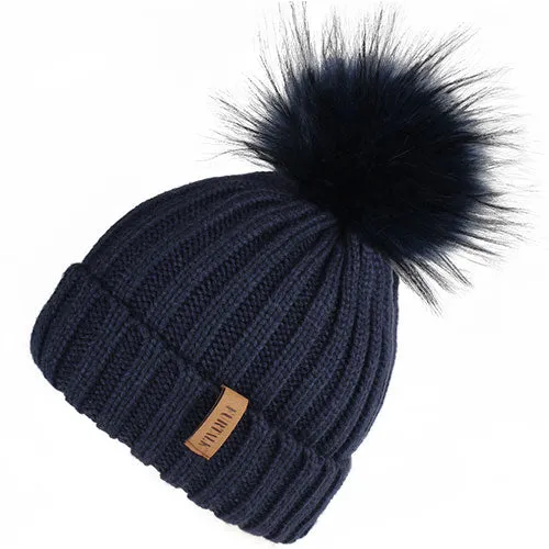 Fleece Lined Soft Pom Pom Fur Casual Warm Knitted Winter Beanie