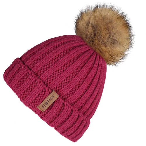 Fleece Lined Soft Pom Pom Fur Casual Warm Knitted Winter Beanie