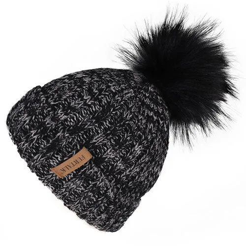 Fleece Lined Soft Pom Pom Fur Casual Warm Knitted Winter Beanie