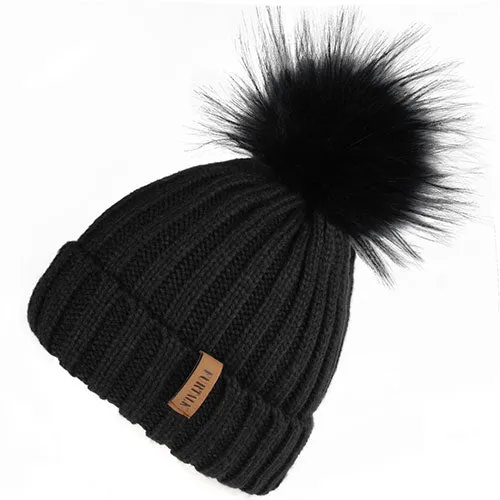 Fleece Lined Soft Pom Pom Fur Casual Warm Knitted Winter Beanie