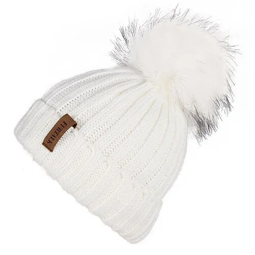 Fleece Lined Soft Pom Pom Fur Casual Warm Knitted Winter Beanie