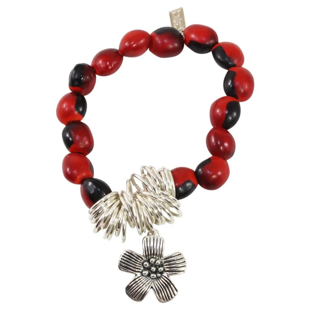 Flower Charm Stretchy Bracelet w/Meaningful Good Luck, Prosperity, Love Huayruro Seeds