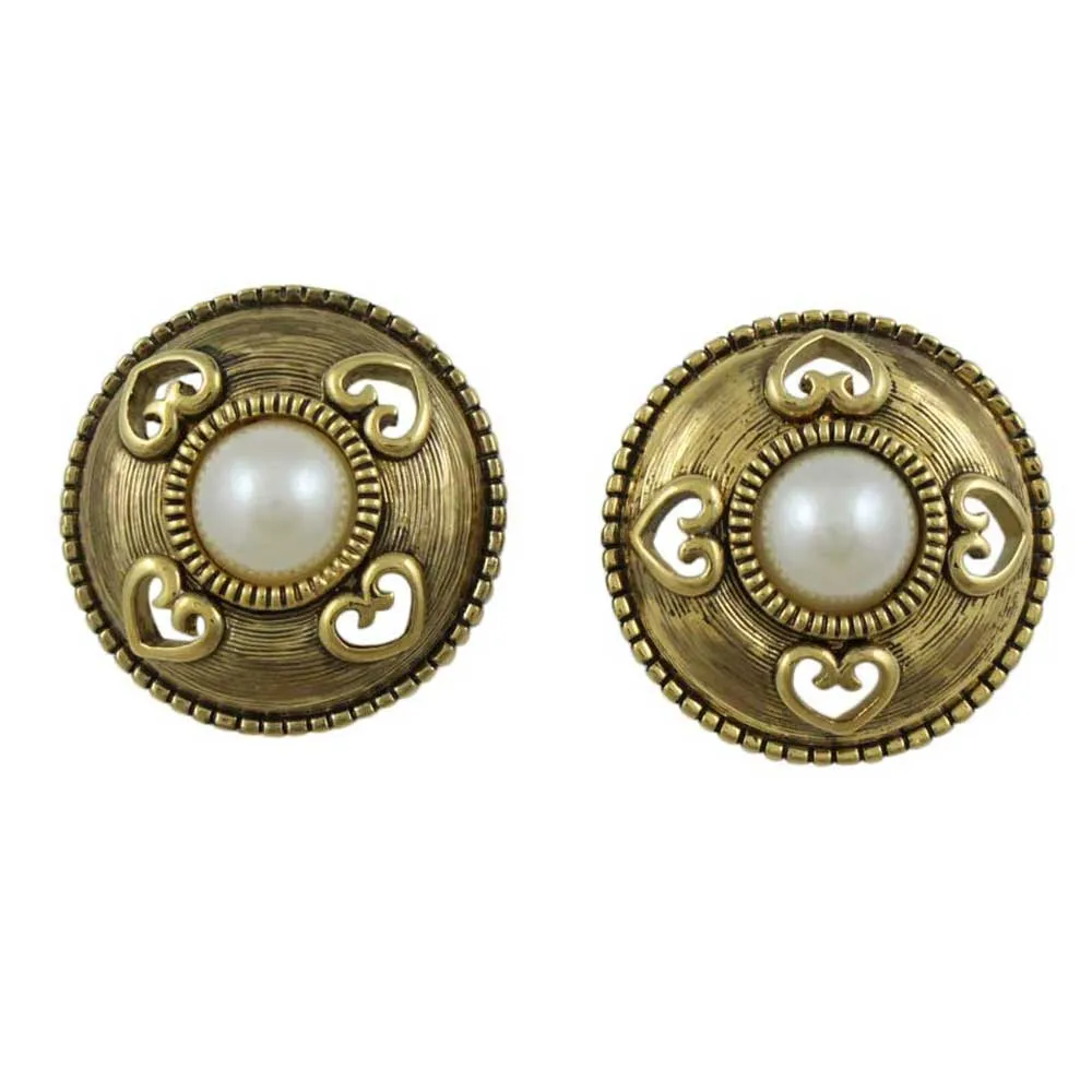 Gold Button with Heart Cutouts and Pearl Pierced Earring - DPE610