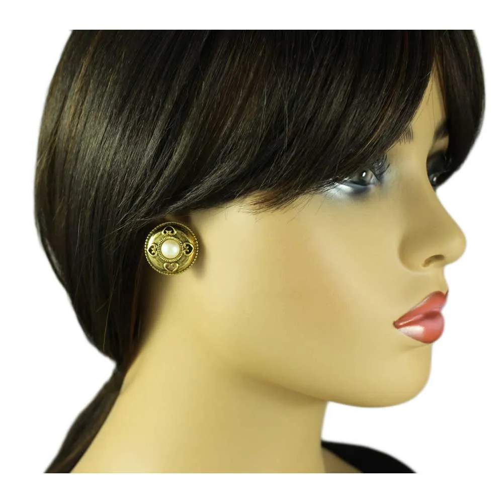 Gold Button with Heart Cutouts and Pearl Pierced Earring - DPE610