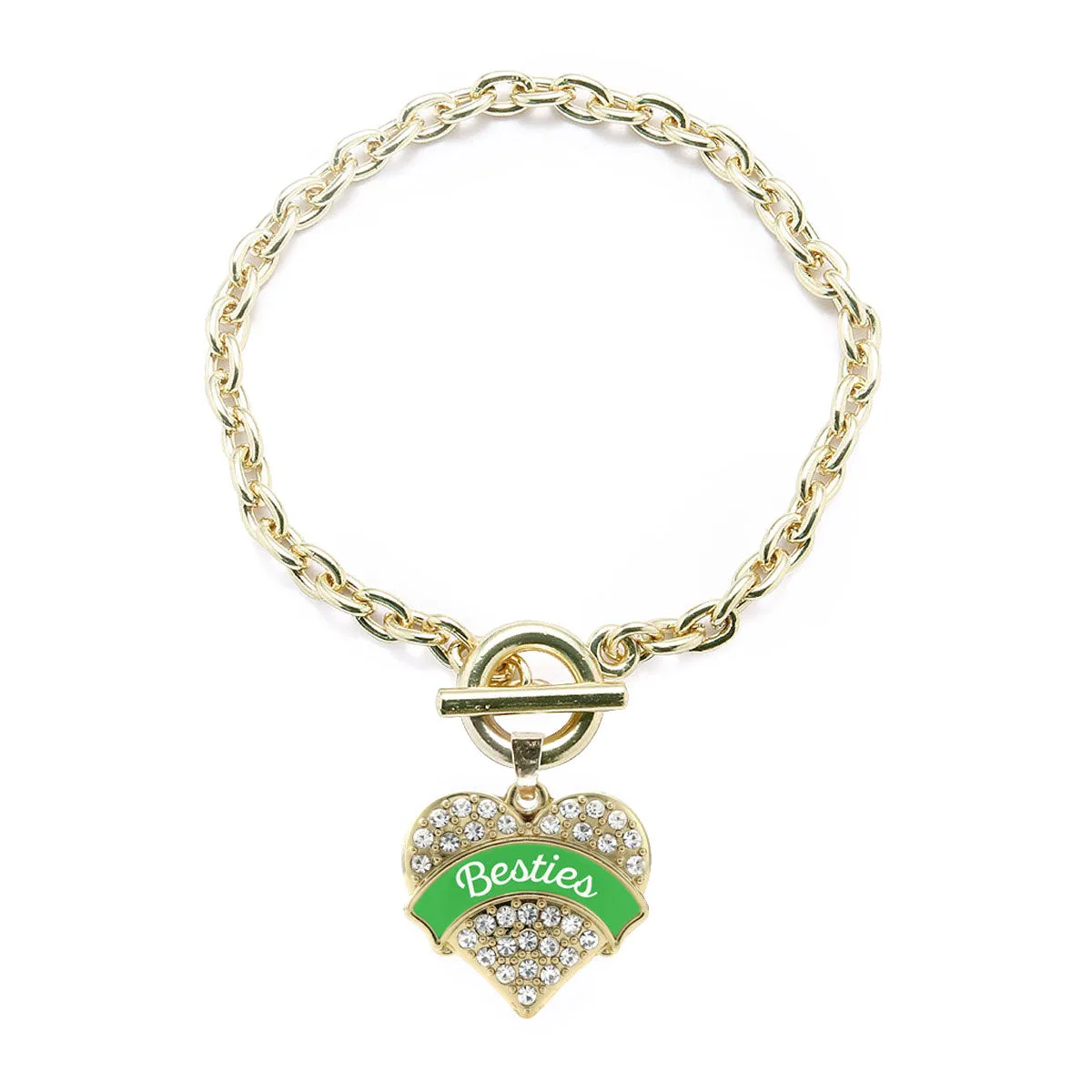 Gold Emerald Green Besties Pave Heart Charm Toggle Bracelet