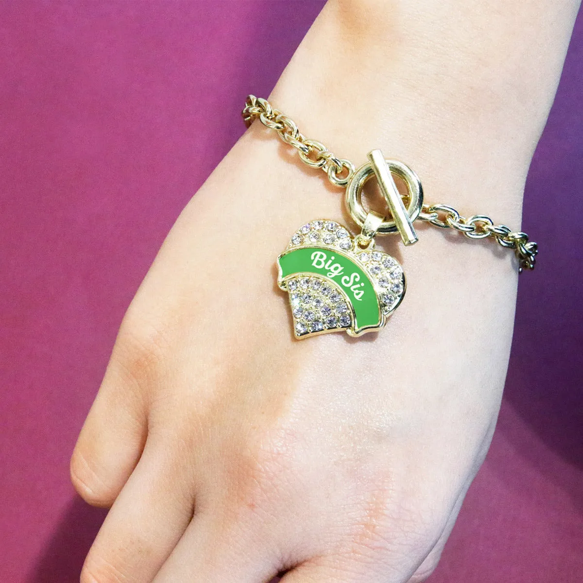 Gold Emerald Green Big Sister Pave Heart Charm Toggle Bracelet