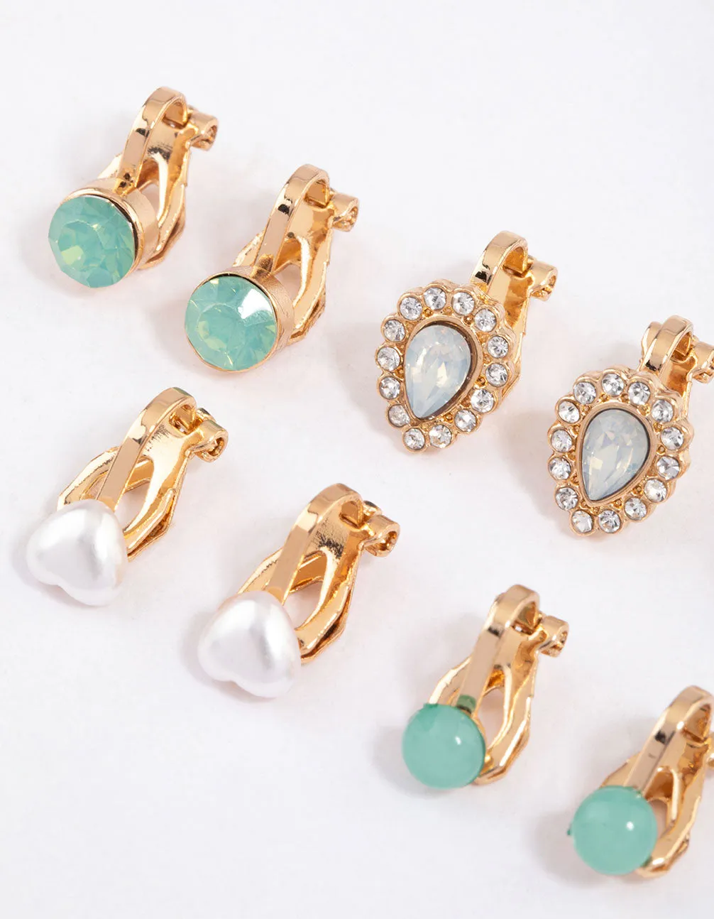 Gold Pearl & Diamante Pear Clip On Earrings 5-Pack