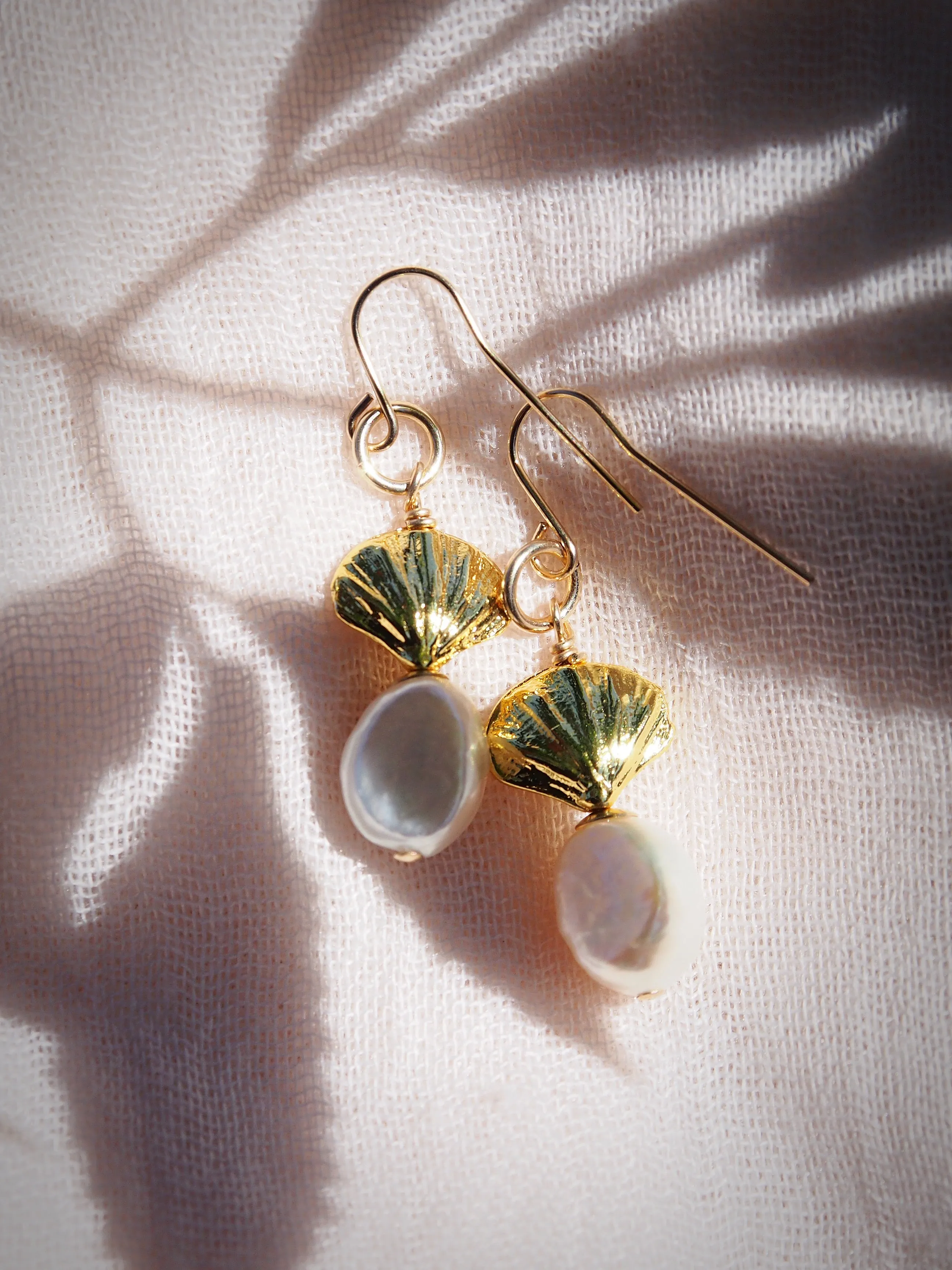 Gold Pearl & Seashell Drop Earrings - Kameli