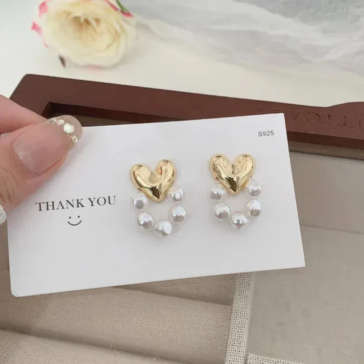 Gold Plated Heart Pearl Studs Earrings